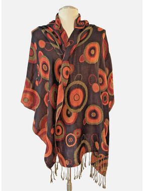 Pashmina Style Scarf Wrap Shawl Geometric Circles Tassel Fringe 28"x80" EUC